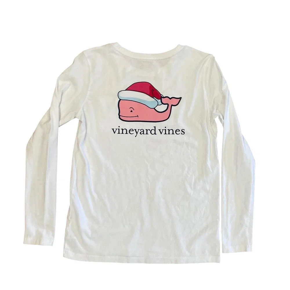 Vineyard Vines Kids White Christmas Santa Hat Whale Long Sleeve Pocket Tee L 14